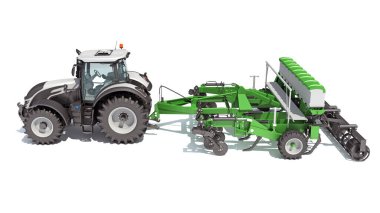 Disk Harrow tarım ekipmanına sahip traktör beyaz arka planda 3D görüntüleme modeli