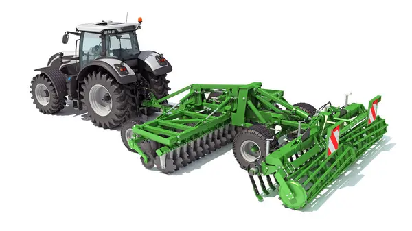 Disk Harrow tarım ekipmanına sahip traktör beyaz arka planda 3D görüntüleme modeli