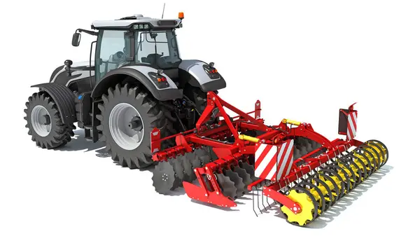 Disk Harrow tarım ekipmanına sahip traktör beyaz arka planda 3D görüntüleme modeli