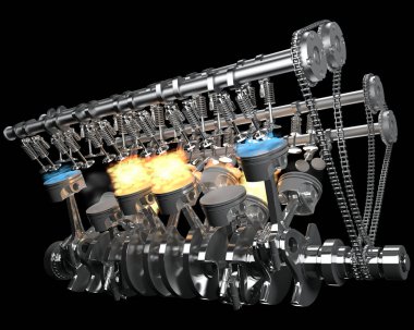 Siyah arkaplan üzerinde V12 motor pistonları ateşlemesi 3B oluşturma modeli