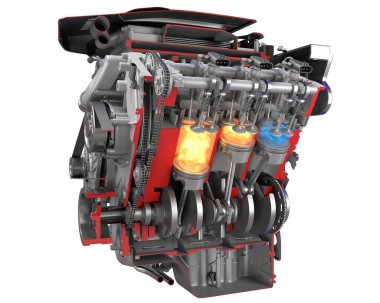 Siyah arkaplandaki V6 motor pistonları ve krank mili ateşlemesi 3B modelleme