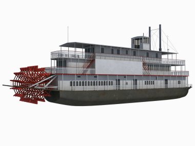 Beyaz zemin üzerinde tarihi Paddle Steamer River Teknesi 3D görüntüleme modeli