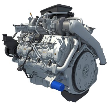Beyaz arkaplanda V8 Araç Motoru 3D görüntüleme modeli