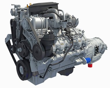 Beyaz arkaplanda V8 Araç Motoru 3D görüntüleme modeli