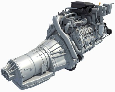 Beyaz arkaplanda V8 Araç Motoru 3D görüntüleme modeli
