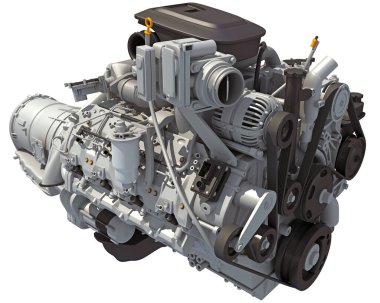 Beyaz arkaplanda V8 Araç Motoru 3D görüntüleme modeli