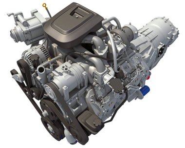 Beyaz arkaplanda V8 Araç Motoru 3D görüntüleme modeli