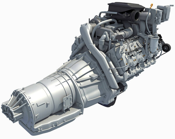 Модель 3D рендеринга двигателя V8 на белом фоне