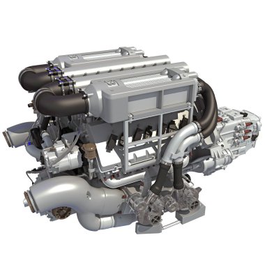 Beyaz arkaplanda V16 Motor 3D görüntüleme modeli