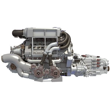 Beyaz arkaplanda V16 Motor 3D görüntüleme modeli
