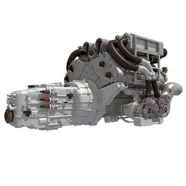 Beyaz arkaplanda V16 Motor 3D görüntüleme modeli