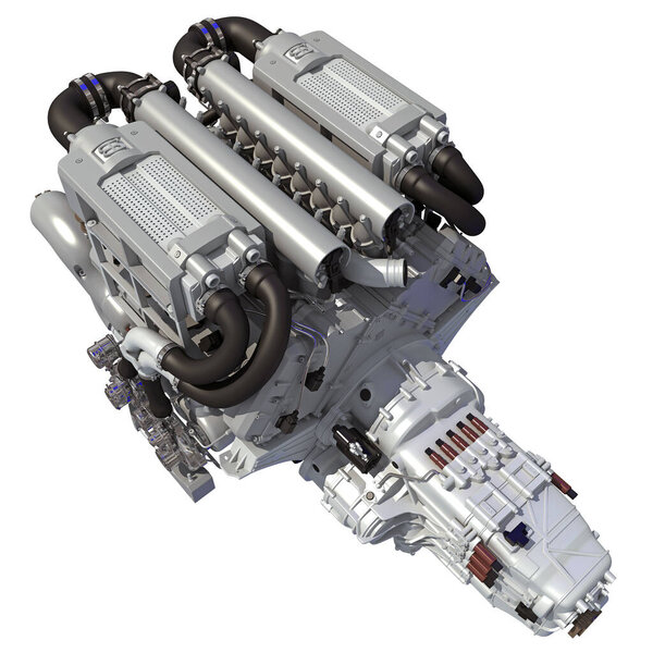Модель 3D рендеринга V16 Engine на белом фоне