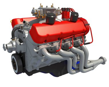 Beyaz arkaplanda V8 Araç Motoru 3D görüntüleme modeli
