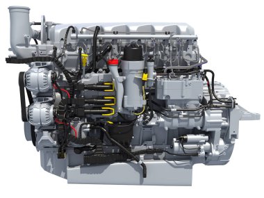 Kamyon motoru, beyaz arkaplanda 3D görüntüleme modeli