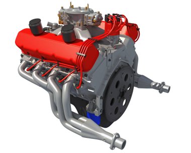 Beyaz arkaplanda V8 Araç Motoru 3D görüntüleme modeli