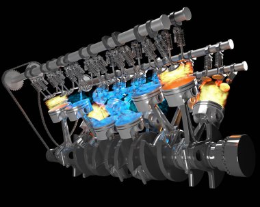 Siyah arkaplan üzerinde V12 motor pistonları ateşlemesi 3B oluşturma modeli