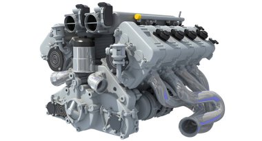 Beyaz arkaplanda V8 Araç Motoru 3D görüntüleme modeli