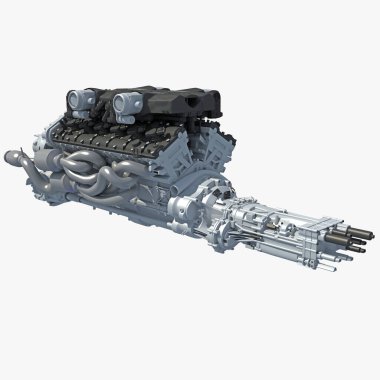 Beyaz arkaplanda V12 Araç Motoru 3D görüntüleme modeli