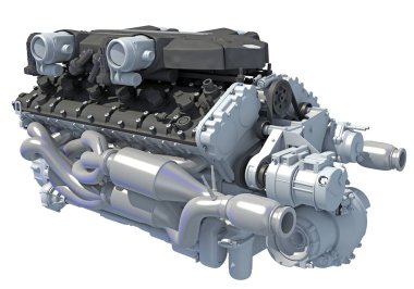 Beyaz arkaplanda V12 Araç Motoru 3D görüntüleme modeli