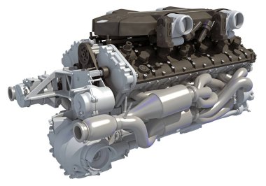 Beyaz arkaplanda V12 Araç Motoru 3D görüntüleme modeli