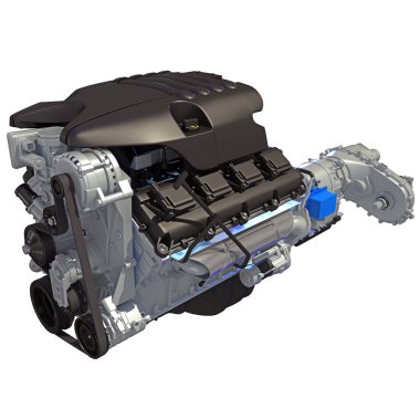 Beyaz arkaplanda V8 Araç Motoru 3D görüntüleme modeli