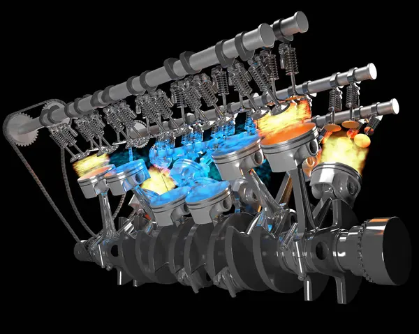 V12 Pistones Del Motor Encendido Sobre Fondo Negro Modelo Renderizado —  Fotos de Stock