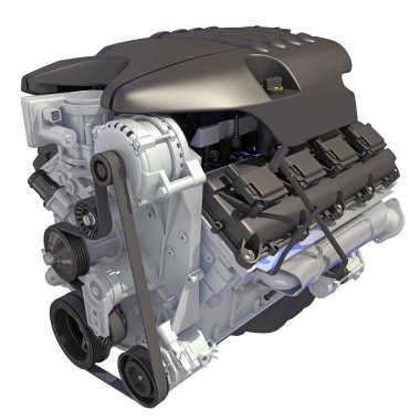 Beyaz arkaplanda V8 Araç Motoru 3D görüntüleme modeli