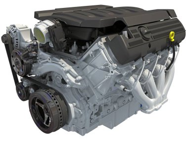 Beyaz arkaplanda V8 Araç Motoru 3D görüntüleme modeli
