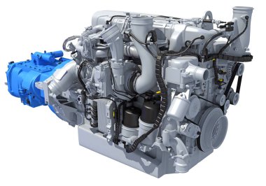Kamyon motoru, beyaz arkaplanda 3D görüntüleme modeli