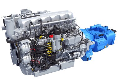 Kamyon motoru, beyaz arkaplanda 3D görüntüleme modeli