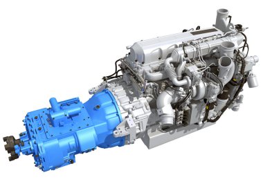 Kamyon motoru, beyaz arkaplanda 3D görüntüleme modeli