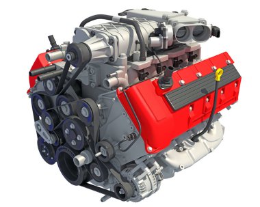 Beyaz arkaplanda V8 Araç Motoru 3D görüntüleme modeli