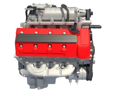 Beyaz arkaplanda V8 Araç Motoru 3D görüntüleme modeli
