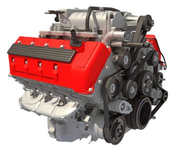 Beyaz arkaplanda V8 Araç Motoru 3D görüntüleme modeli