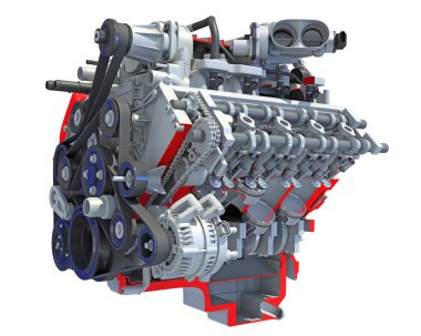Beyaz arkaplanda V8 motor bölümü 3D görüntüleme modeli