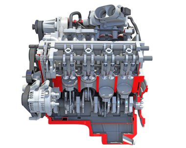 Beyaz arkaplanda V8 motor bölümü 3D görüntüleme modeli
