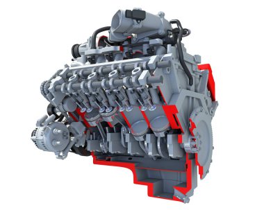 Beyaz arkaplanda V8 motor bölümü 3D görüntüleme modeli