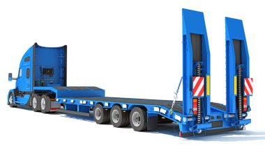 Flatbed Römorku olan Ağır Kamyon beyaz arkaplanda 3D görüntüleme modeli