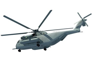 Askeri nakliye helikopteri. Beyaz arka planda 3D görüntüleme modeli.