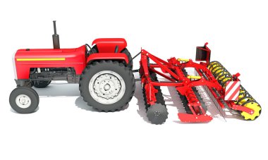 Tohum Delme ekipmanlı traktör disk harrow 3D görüntüleme modeli beyaz arkaplan