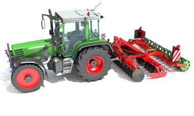 Tohum Delme ekipmanlı traktör disk harrow 3D görüntüleme modeli beyaz arkaplan