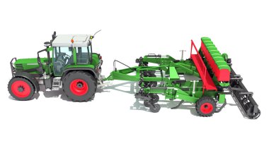 Tohum Delme ekipmanlı traktör disk harrow 3D görüntüleme modeli beyaz arkaplan