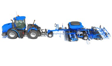 Tohum Delme ekipmanlı traktör disk harrow 3D görüntüleme modeli beyaz arkaplan