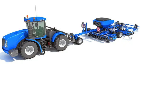 Tractor with Seed Drill farm equipment disc harrow 3D rendering model on white background