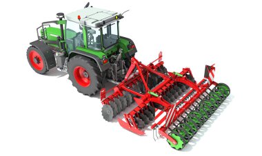 İzli Disk Harrow 3D tarama modeline sahip tarım traktörü beyaz arkaplanda