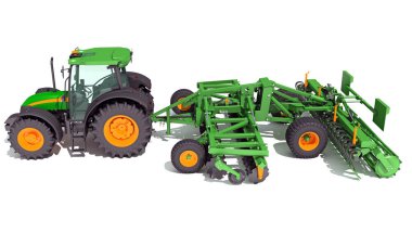 İzli Disk Harrow 3D tarama modeline sahip tarım traktörü beyaz arkaplanda