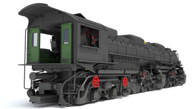 Buharlı tren lokomotifi beyaz zemin üzerinde 3D görüntüleme modeli