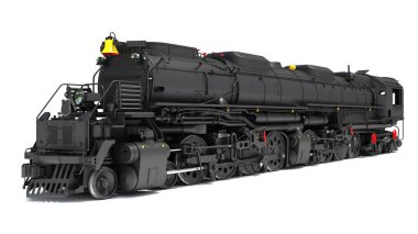 Buharlı tren lokomotifi beyaz zemin üzerinde 3D görüntüleme modeli