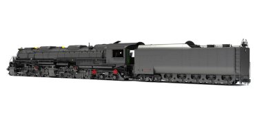 Buharlı tren lokomotifi beyaz zemin üzerinde 3D görüntüleme modeli