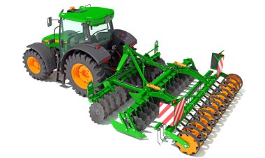 Kompakt Disk Harrow 3D tarama modeline sahip tarım traktörü beyaz arkaplanda